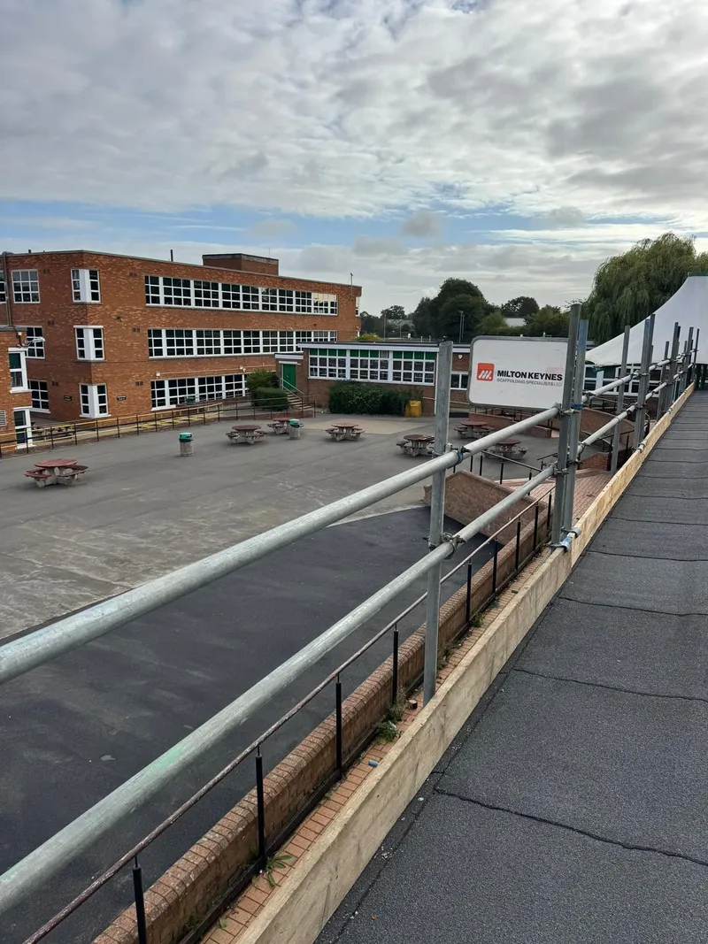 Roof edge protection scaffolding at Lord Grey Academy, Bletchley